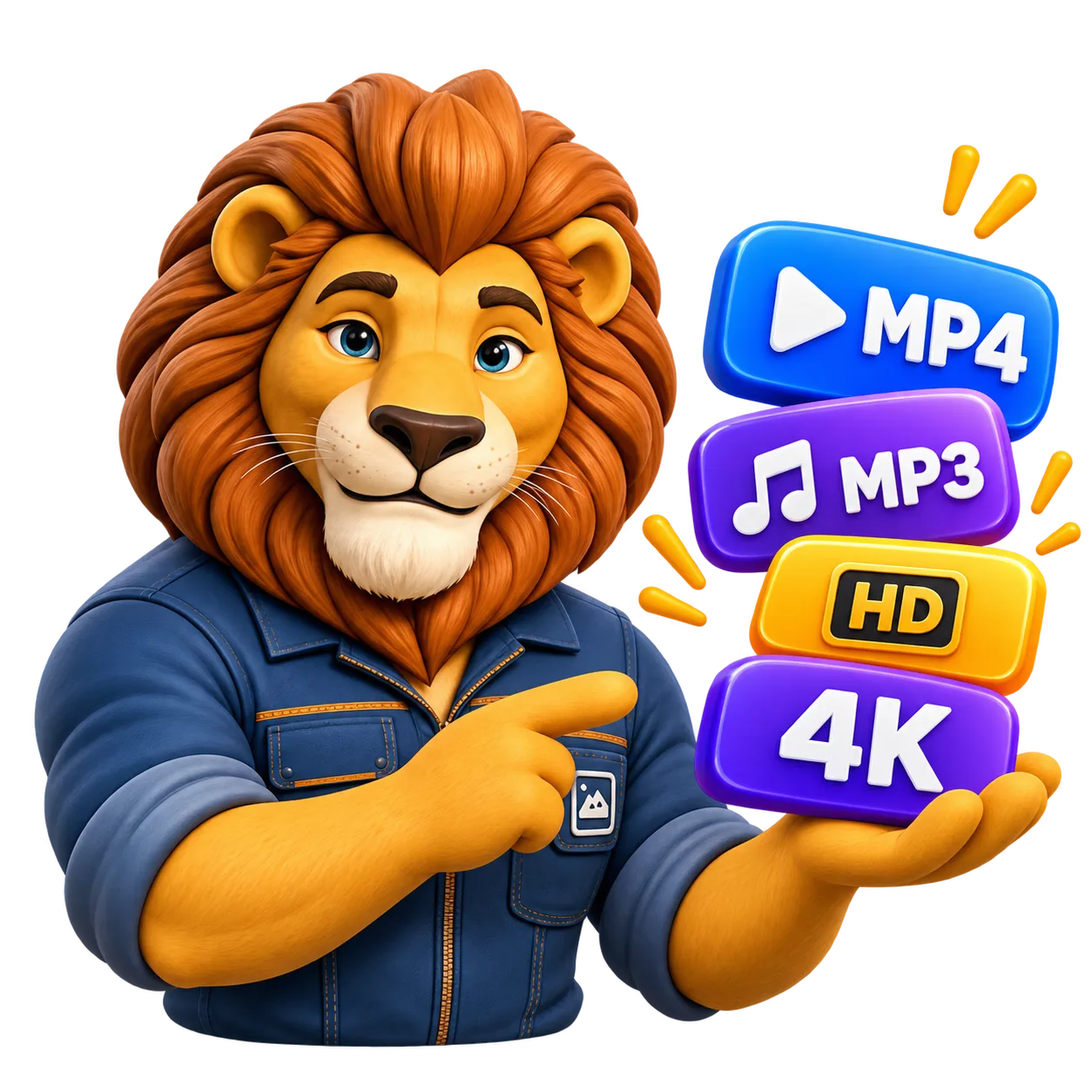 Lew prezentujący formaty MP4, MP3, HD i 4K